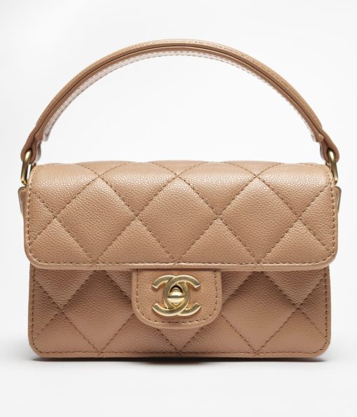 CHANEL MINI FLAP TOP SHINY CALFSKIN CAMEL BAG