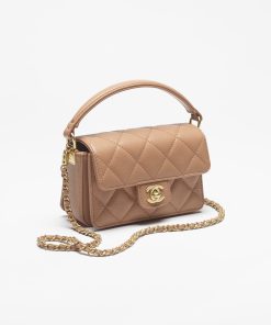 CHANEL MINI FLAP TOP SHINY CALFSKIN CAMEL BAG