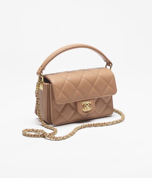 CHANEL MINI FLAP TOP SHINY CALFSKIN CAMEL BAG